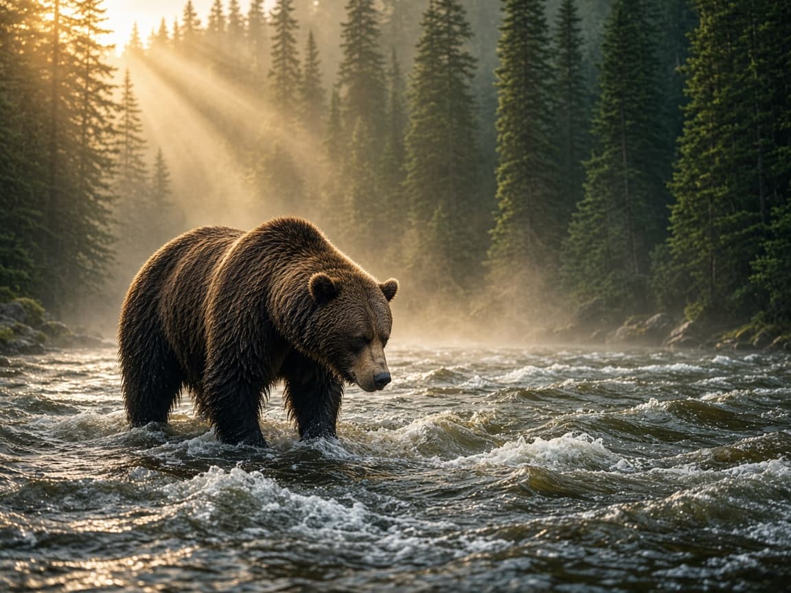 A grizzly bear standing still in a mountain river at dawn, waiting
